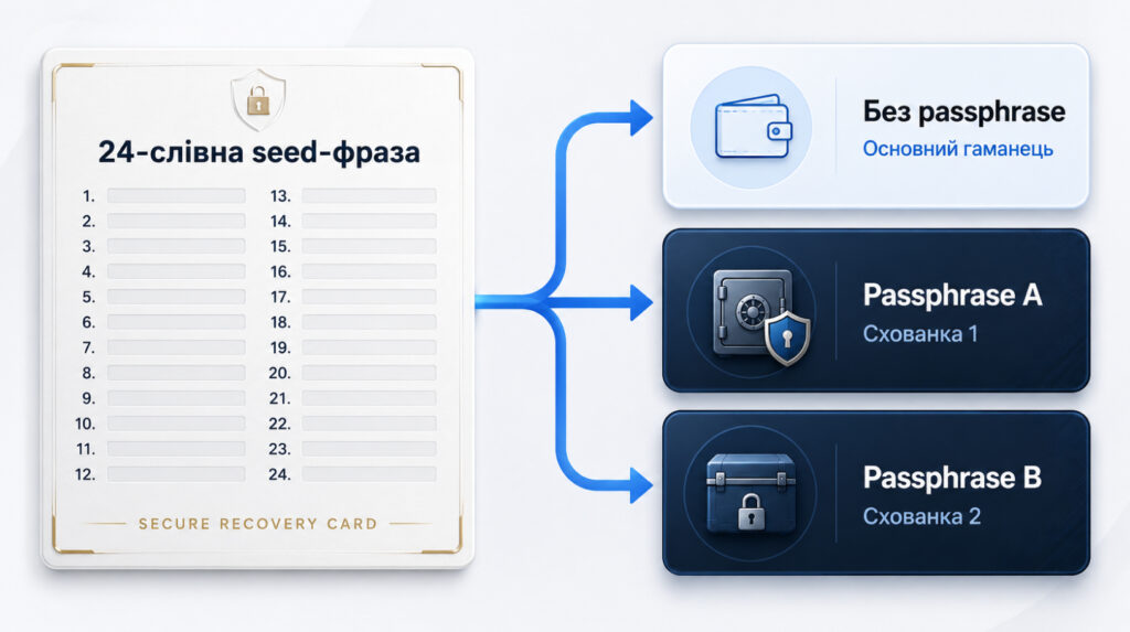Що таке passphrase: одна seed-фраза з 24 слів і кілька незалежних гаманців