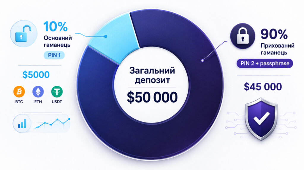 Розподіл коштів: 10% на вітрині та 90% у прихованому гаманці з passphrase