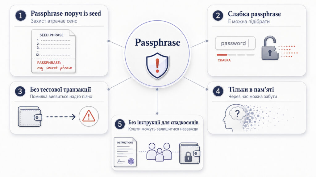 Типові помилки під час роботи з passphrase: зберігання поруч із seed-фразою, слабкий пароль і відсутність бекапу
