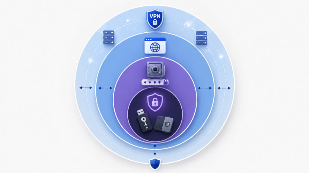 Багатошаровий OPSEC-захист: VPN, браузер, менеджер паролів, security keys та апаратний гаманець