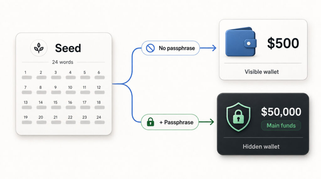 Passphrase and wrench attack protection: a visible $500 wallet and a hidden wallet for the main funds