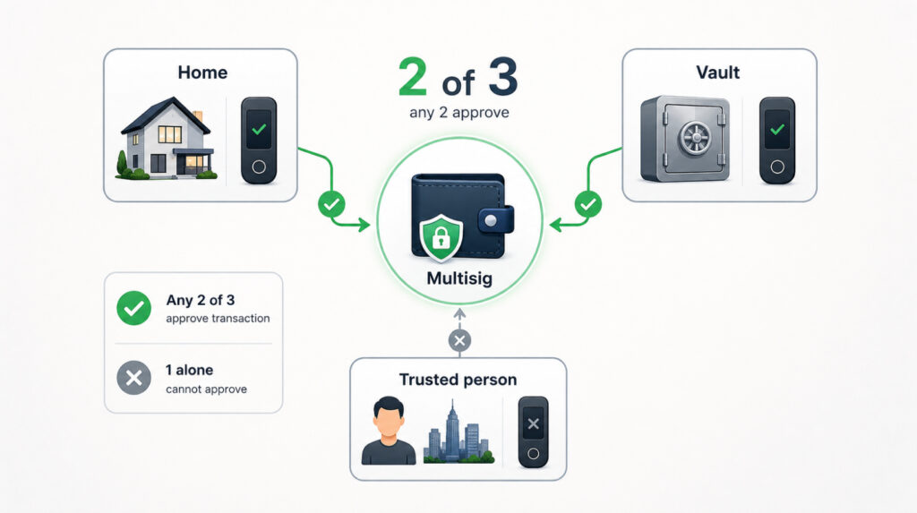 Multisig against wrench attacks: a 2-of-3 setup with keys stored in different physical locations