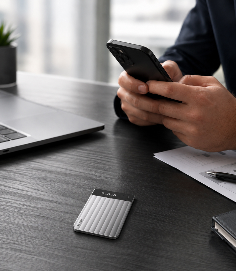 Plaud Note Pro On Table Behind Human With Phone