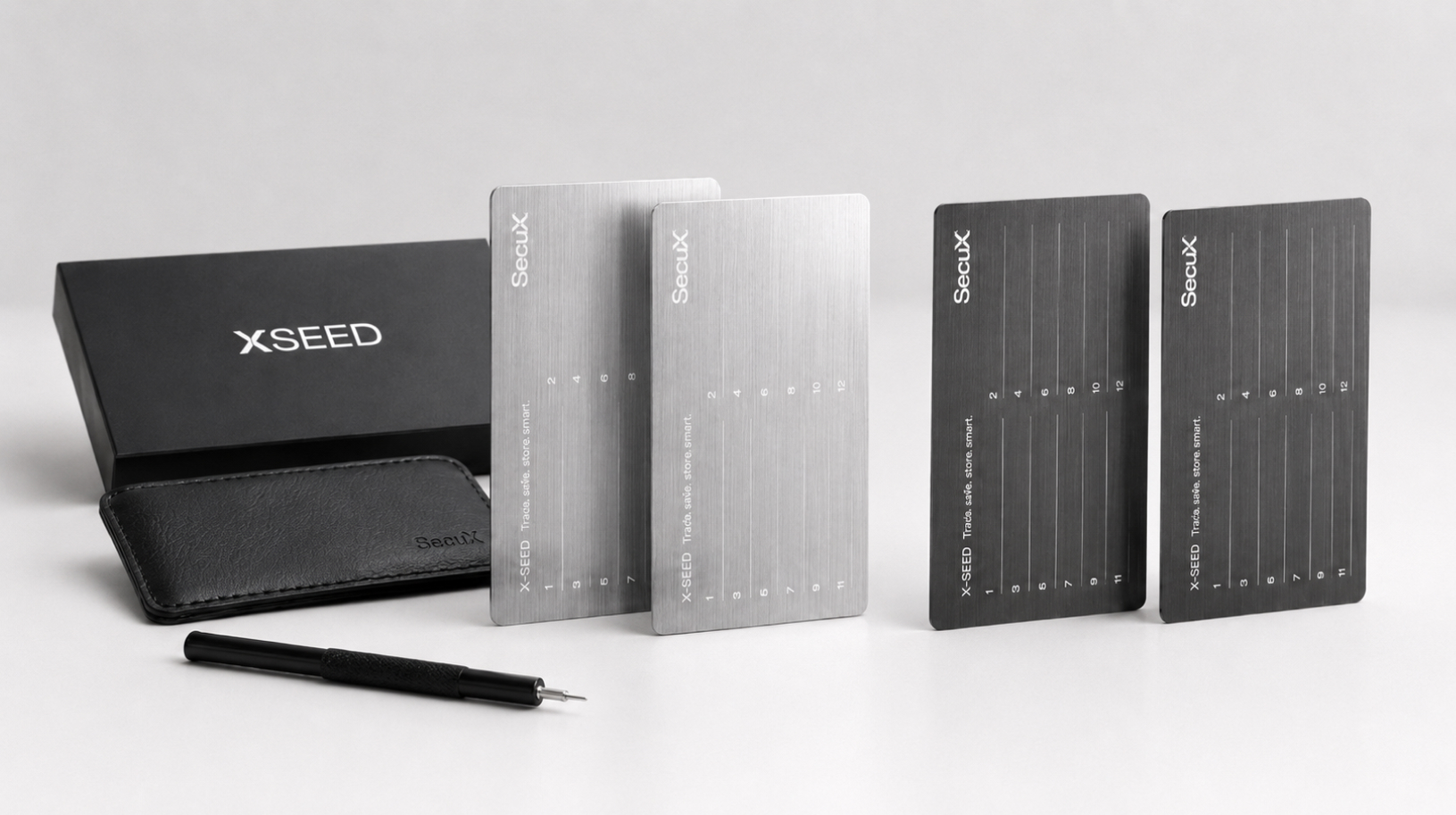 SecuX Xseed 8 SecuX Xseed 4 Plates Case And Kerner On Table