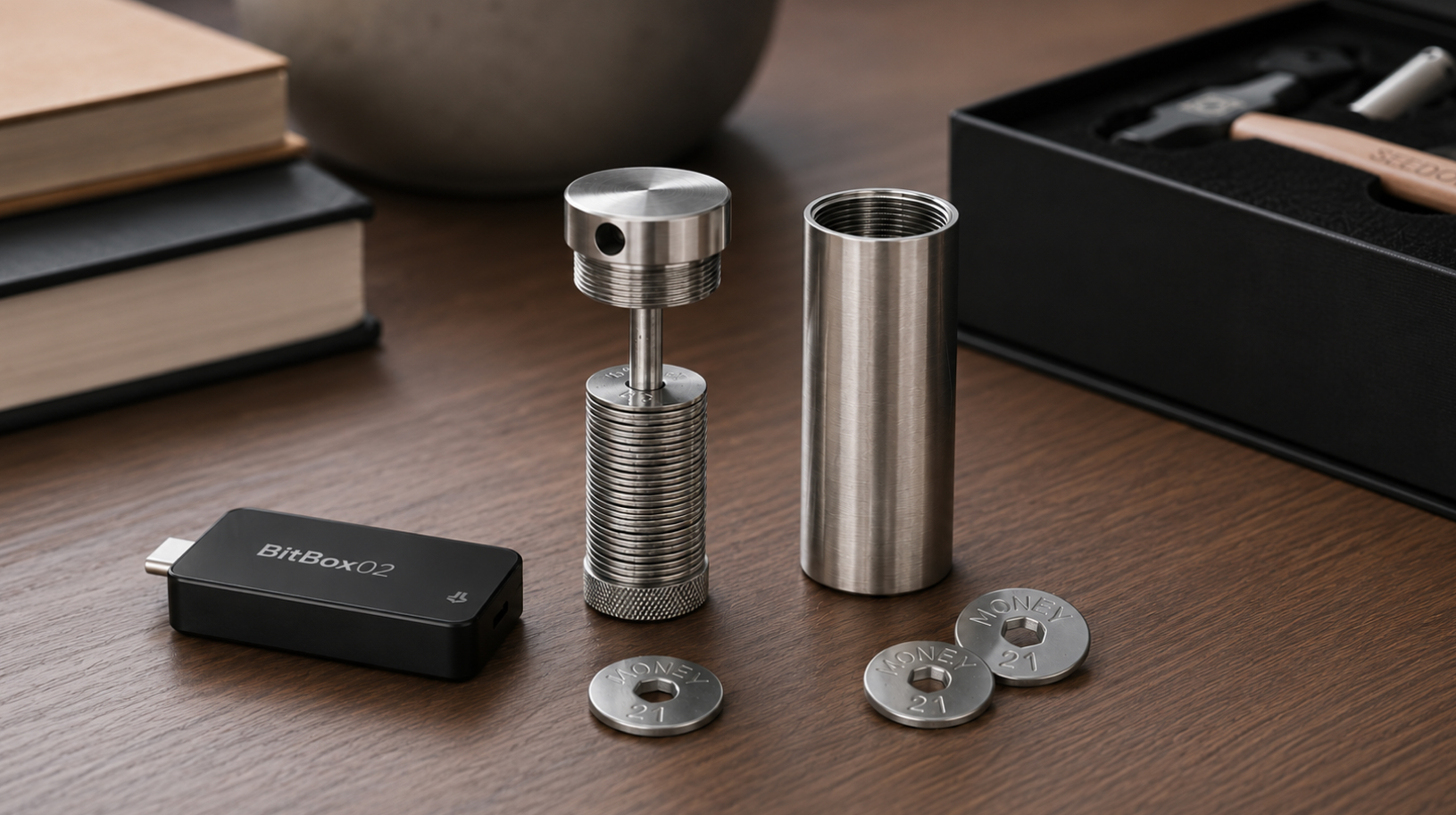 Seedor Safe Starter Set — набор для хранения seed-фразы 14 Seedor Safe Starter Kit On Table with BitBox02