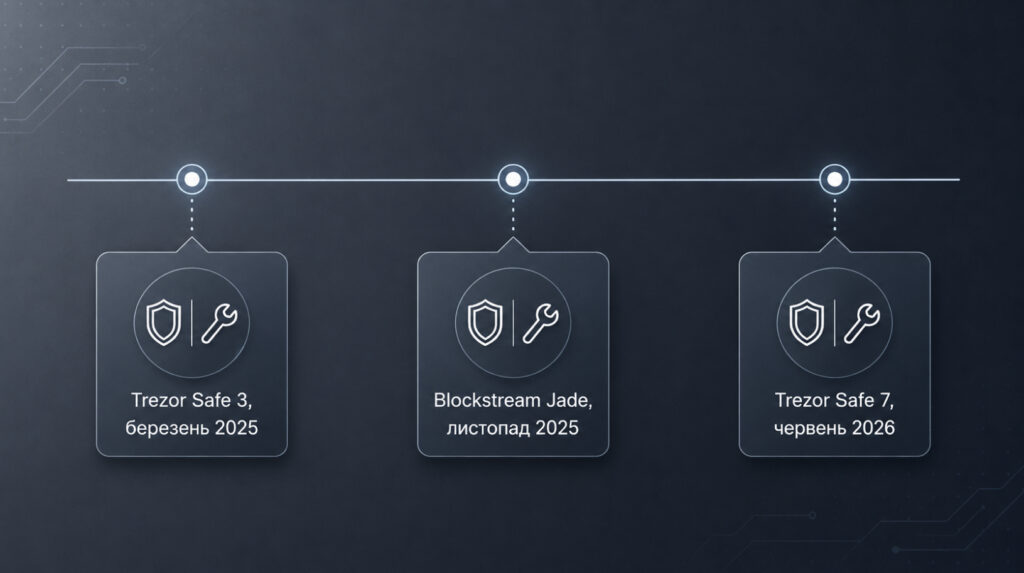 Таймлайн оновлень прошивки Trezor Safe 3, Blockstream Jade і Trezor Safe 7 у 2025-2026 роках