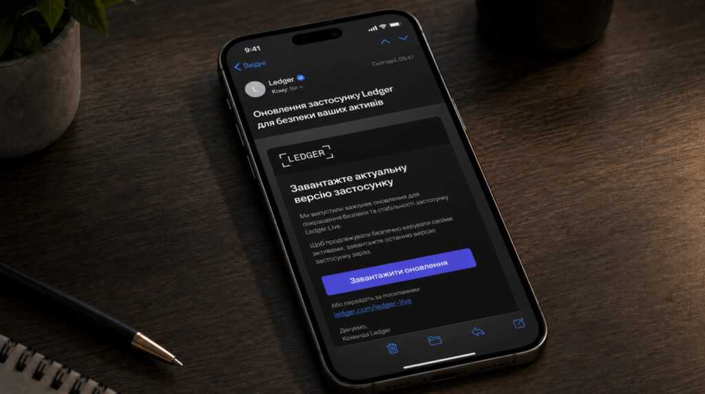 Фішинговий лист на смартфоні із закликом завантажити актуальну версію застосунку