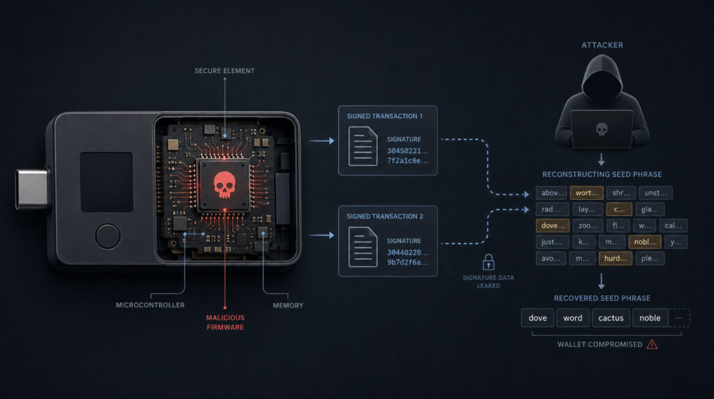 Схема атаки Dark Skippy зі зловмисною прошивкою та витоком seed через підписи транзакцій