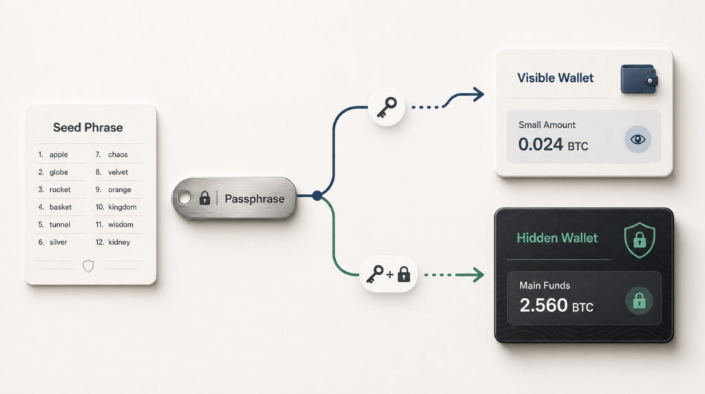Інфографіка seed-фраза плюс passphrase відкриває видимий і прихований гаманець