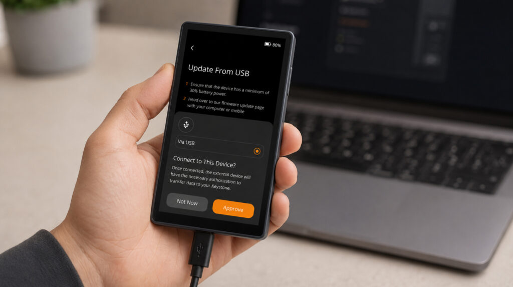 Keystone 3 Pro з вибраним оновленням via USB і підключеним кабелем до ноутбука
