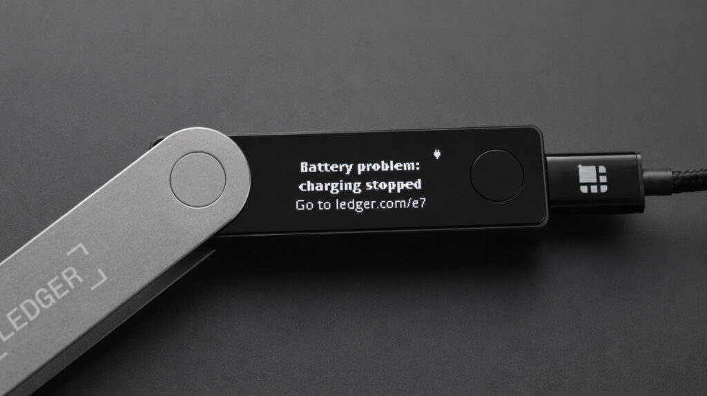 Ledger Nano X з повідомленням Battery problem і Charging stopped на екрані