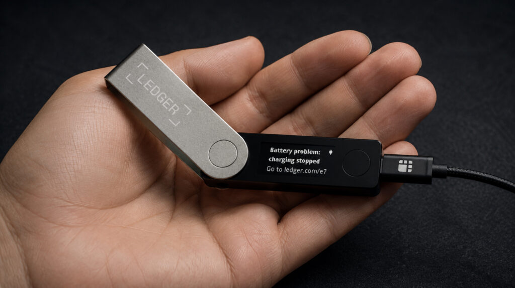 Ledger Nano X підключений кабелем у долоні для прогріву акумулятора