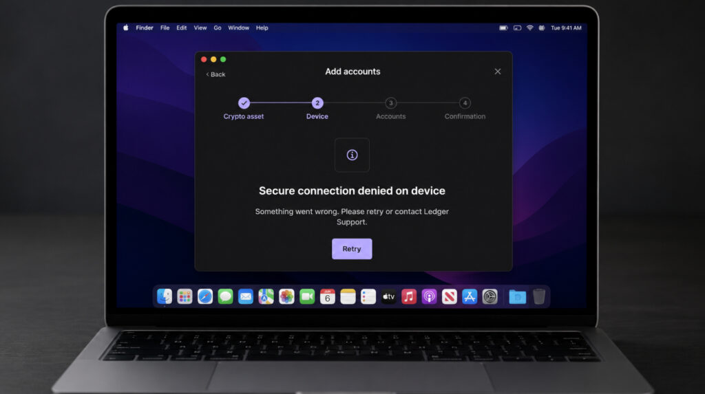 Ошибка подключения Ledger Wallet на экране MacBook после проверки соединения