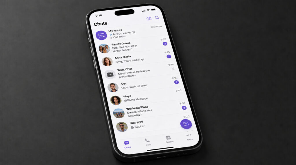Viber chat list in the mobile app with end-to-end encryption for private messages