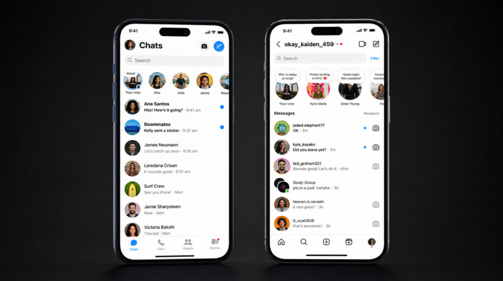 Facebook Messenger and Instagram Chats messaging interfaces in Meta apps