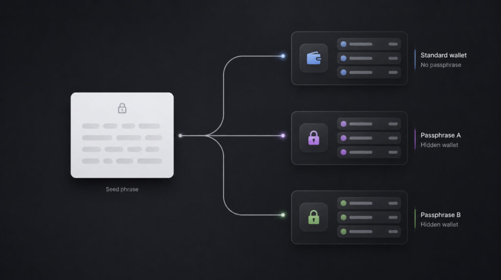 Одна seed-фраза создаёт стандартный и разные скрытые кошельки с passphrase