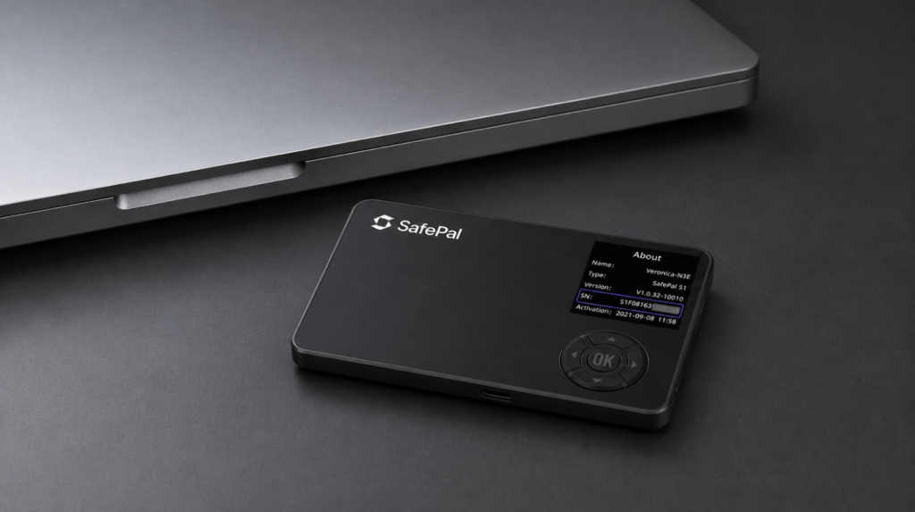 SafePal S1 рядом с закрытым ноутбуком перед обновлением прошивки