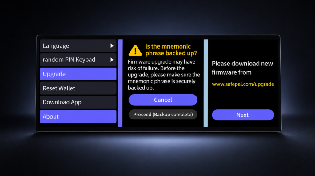 Экран SafePal S1 с пунктом Enter Upgrade Mode перед обновлением прошивки