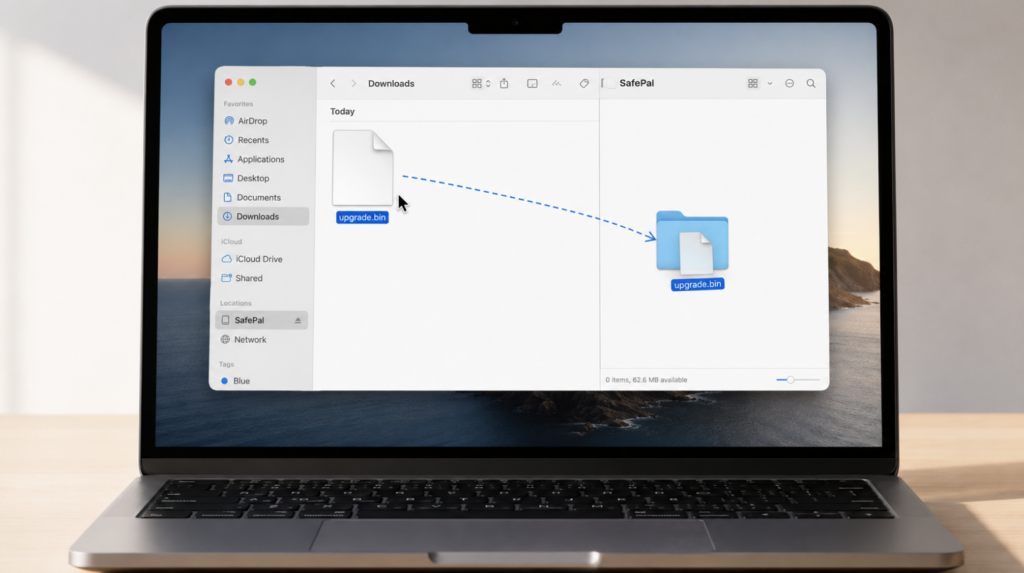 Файл upgrade.bin перетаскивают на виртуальный диск SafePal в файловом менеджере