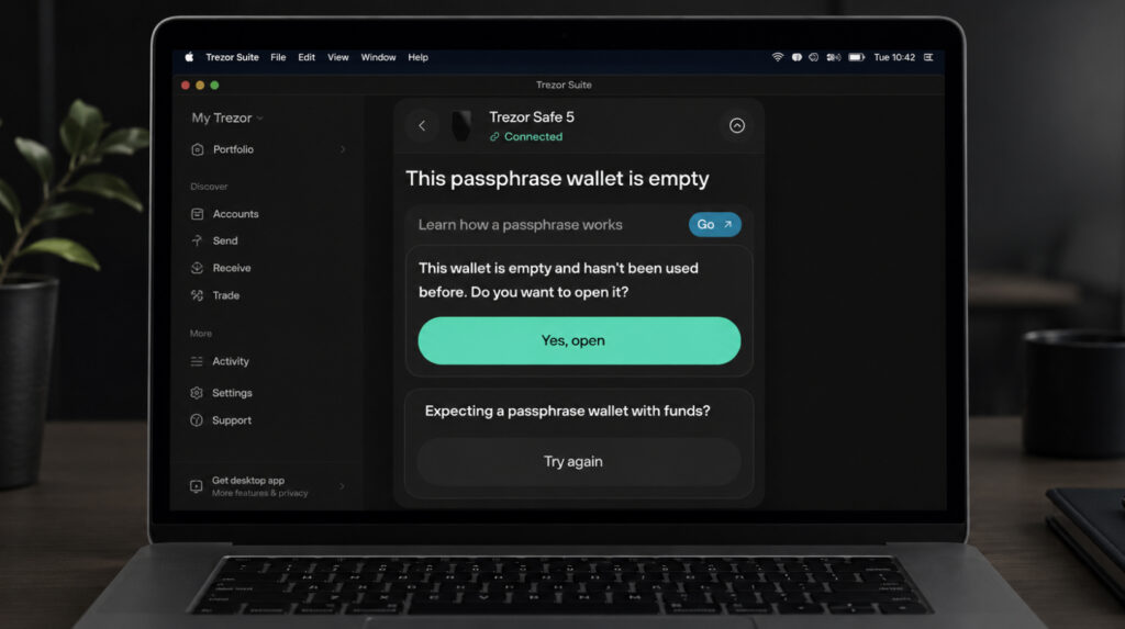 Trezor Suite на MacBook показывает сообщение This passphrase wallet is empty