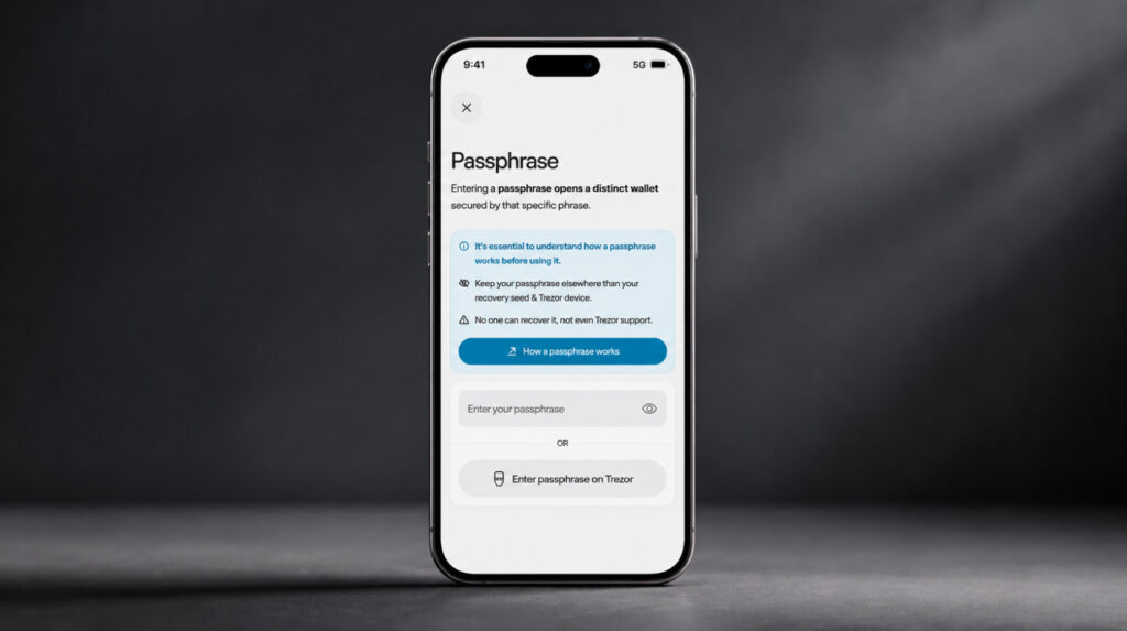 Ввод passphrase в Trezor Suite на смартфоне с отображением символов