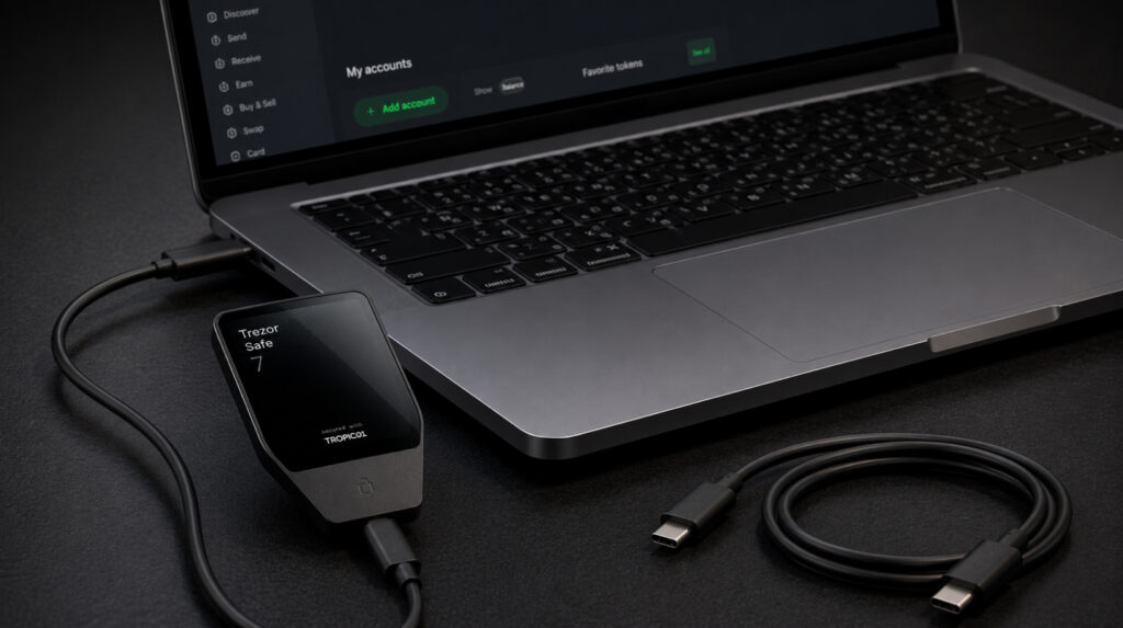 Trezor Suite не видит устройство — проверка USB-кабеля и запасной кабель рядом