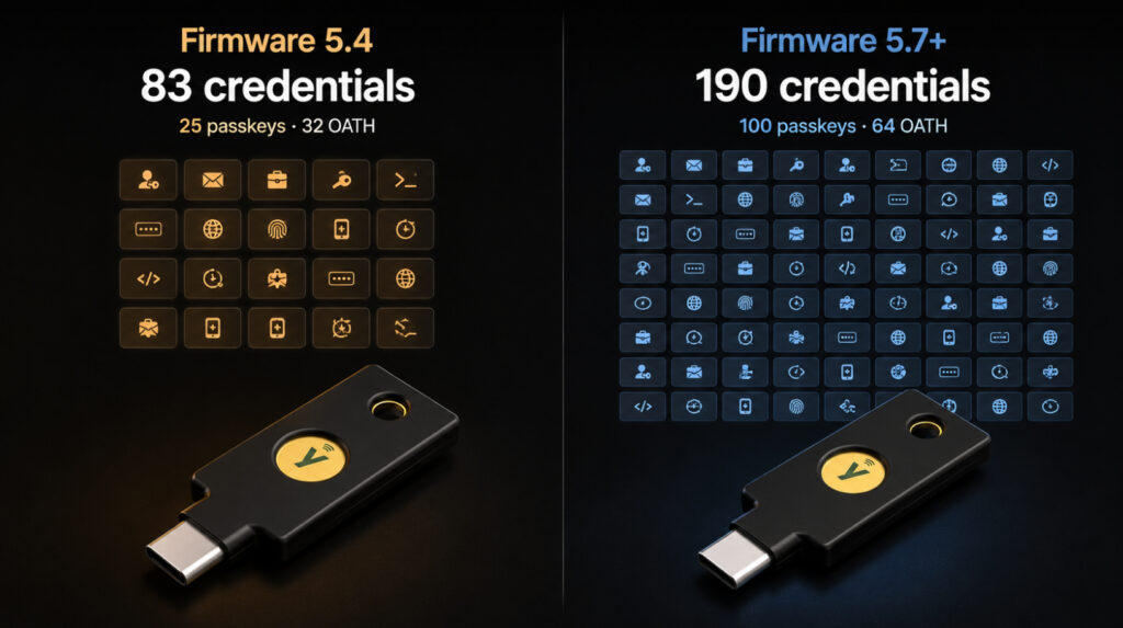 YubiKey 5.4 vs 5.7 — порівняння місткості на 83 і 190 облікових даних