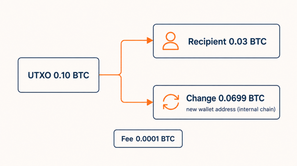 Схема Bitcoin-транзакції UTXO з платежем і адресою здачі