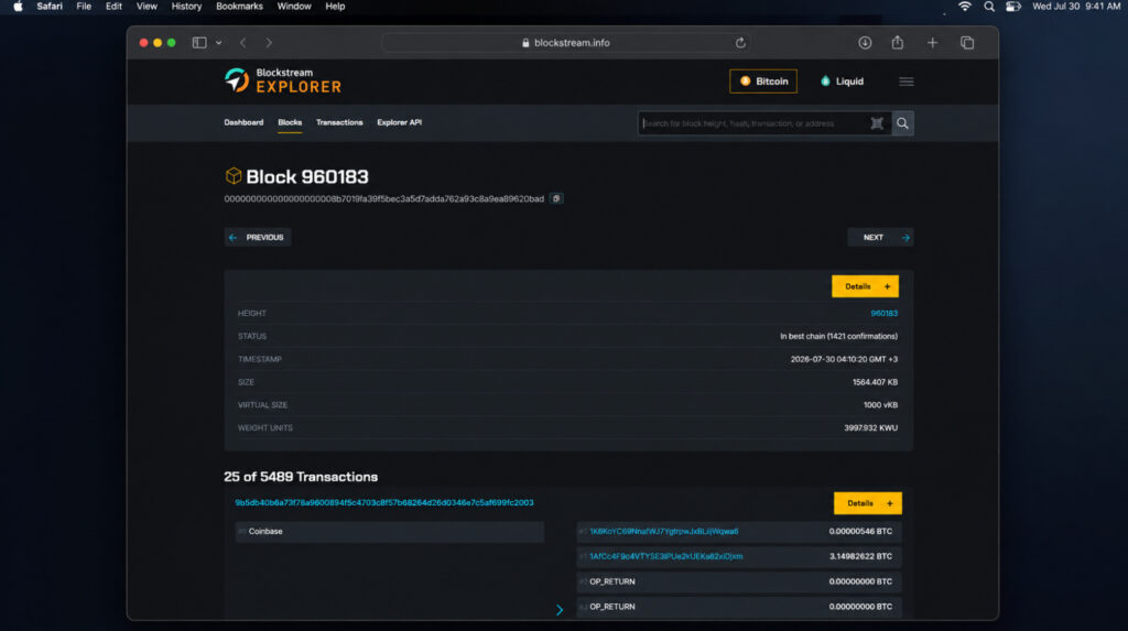 Block 960183 in Blockstream Explorer during the Coldcard wallet attack