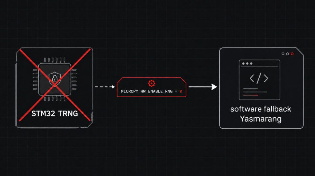 Coldcard RNG vulnerability diagram: STM32 TRNG and Yasmarang software fallback