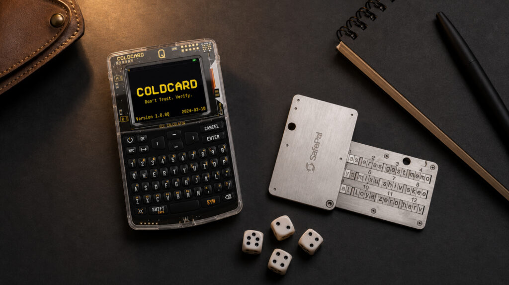 Coldcard Q, metal seed phrase backup and dice for additional entropy