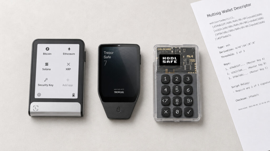 Three hardware wallets from different manufacturers with a multisig wallet descriptor