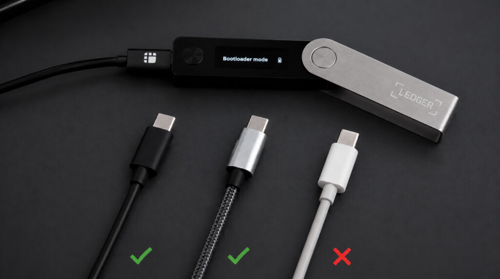 Ledger Nano X у Bootloader mode поруч із USB-C кабелями