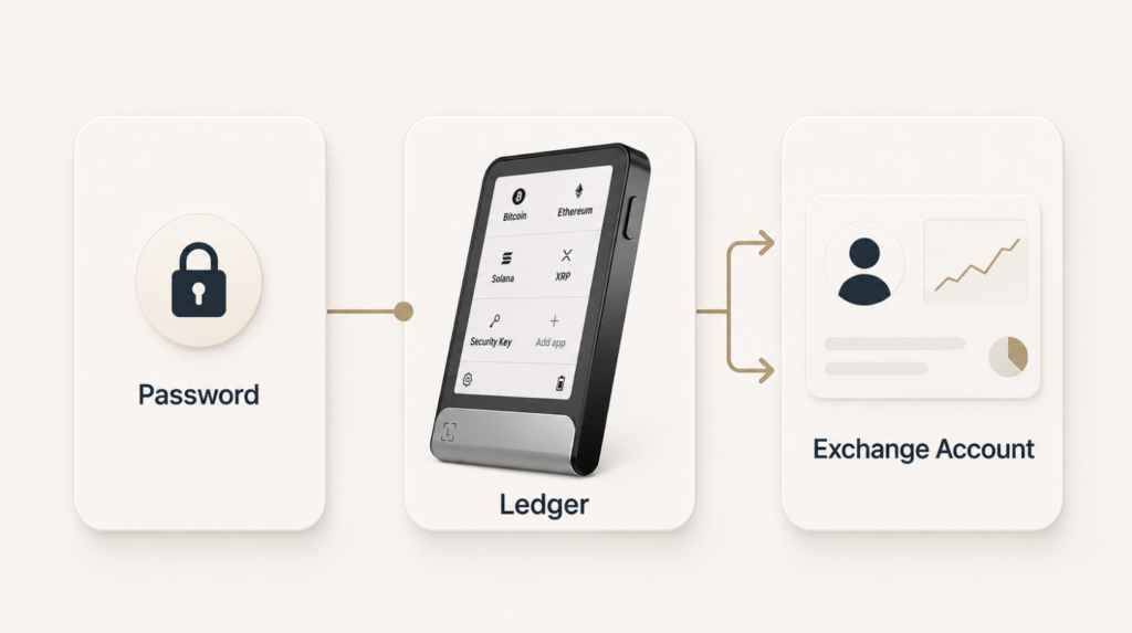 Схема входу до акаунта біржі за допомогою пароля та Ledger Security Key
