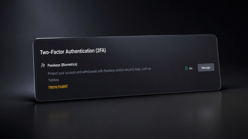 Розділ Passkeys у налаштуваннях безпеки Binance для Ledger Security Key