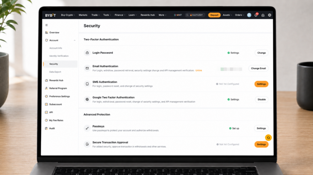 Розділ Passkeys у налаштуваннях безпеки Bybit для Ledger Security Key