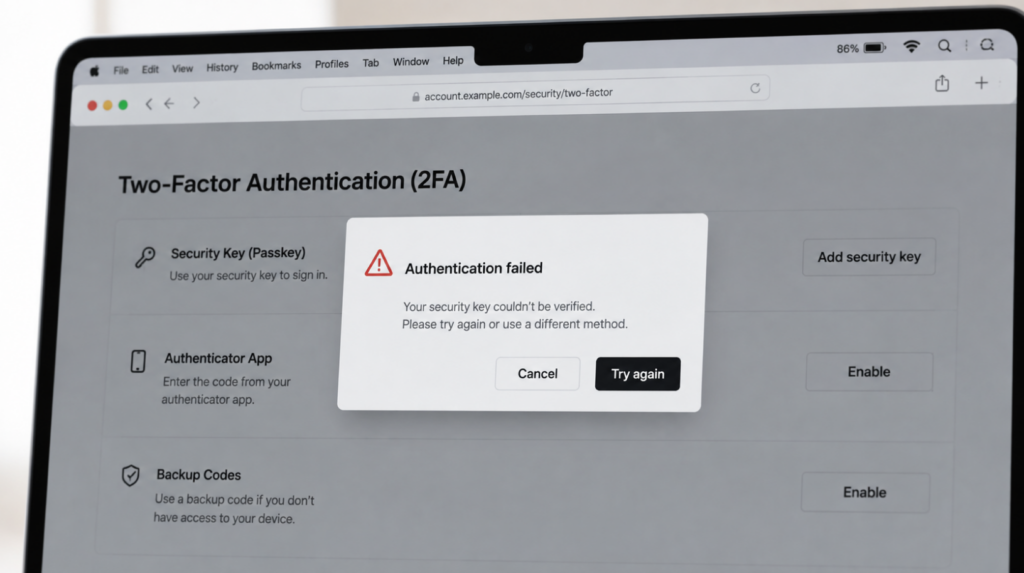 Помилка автентифікації Security Key у браузері під час підключення Ledger