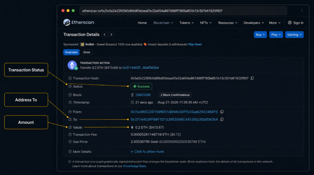 Як перевірити статус, адресу та суму транзакції в Etherscan