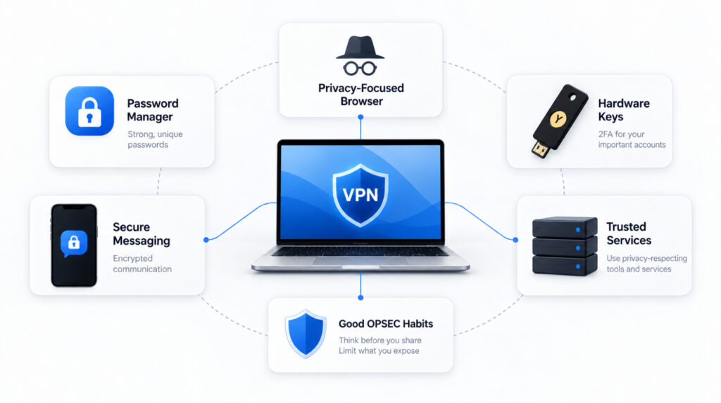 Многоуровневая OPSEC-защита: VPN, браузер, менеджер паролей, ключи безопасности и аппаратный кошелёк