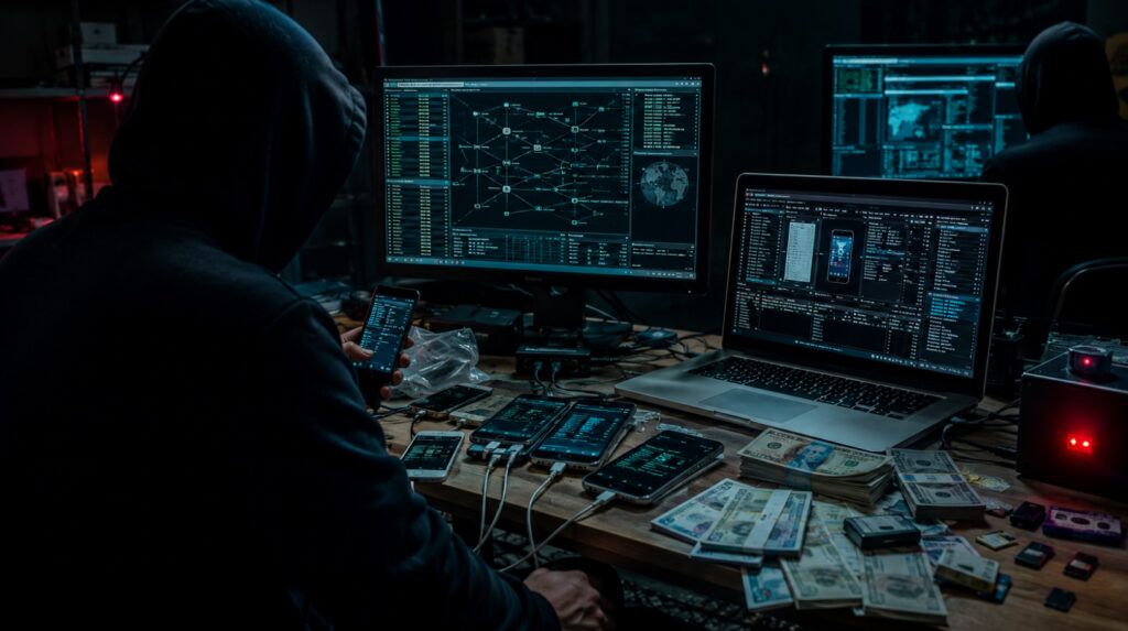 Cybercriminals working with phones and cash at a desk