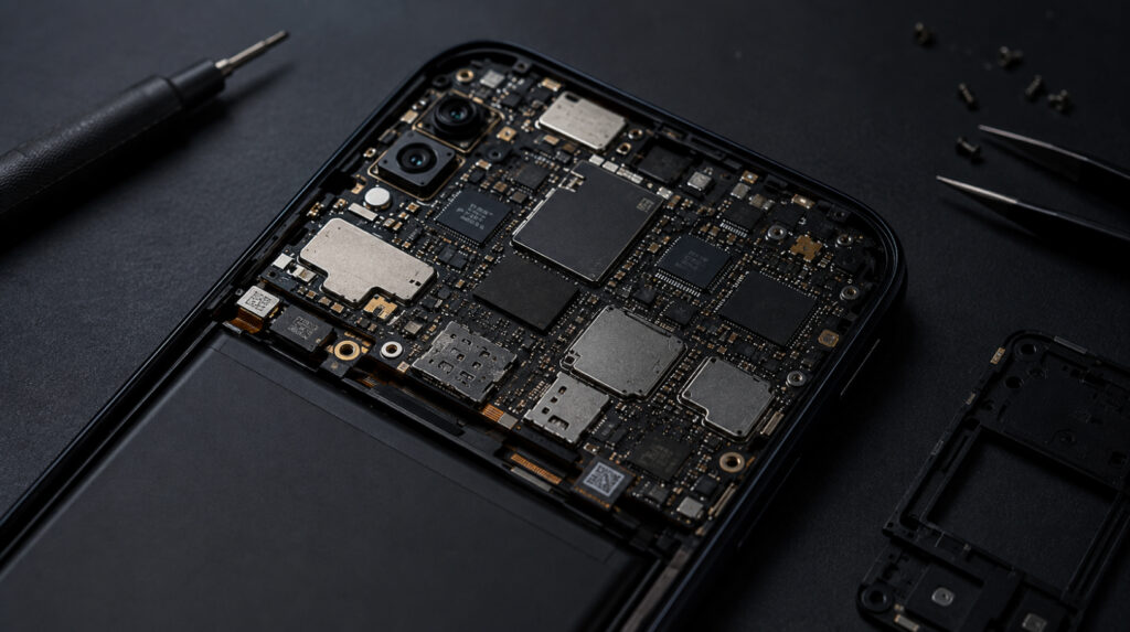 Disassembled smartphone with integrated radio modules on the board