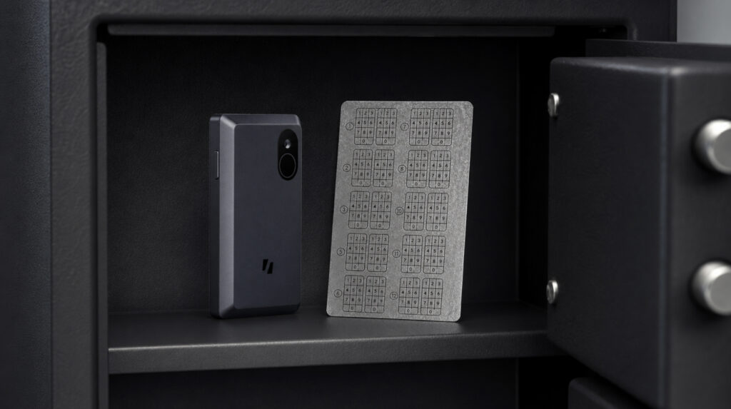 Hardware wallet and metal seed phrase backup stored in a safe