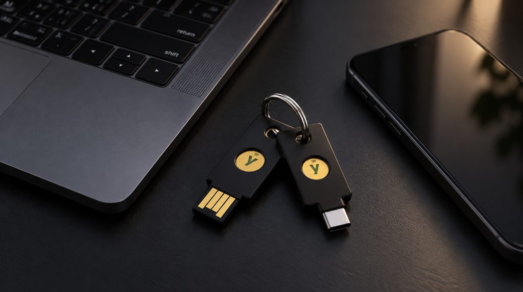 Два апаратні ключі безпеки біля ноутбука та смартфона