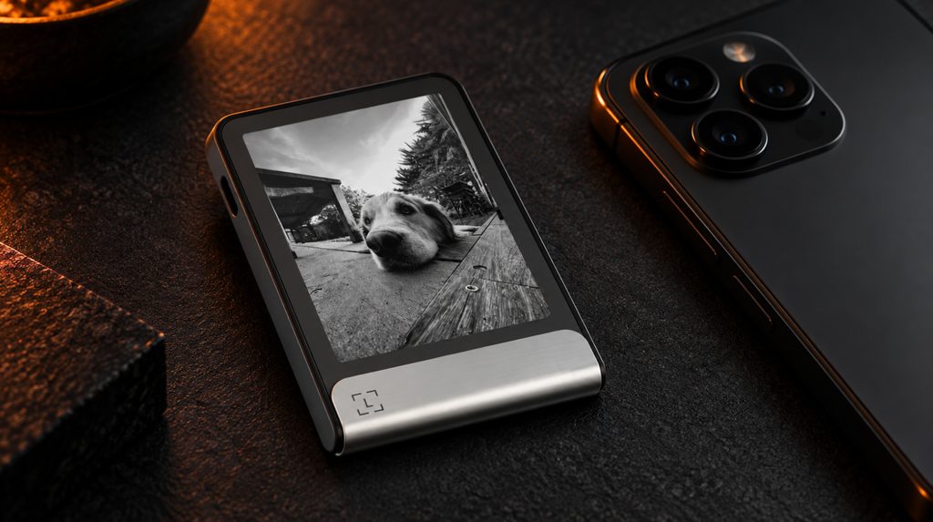 Ledger Flex із власним зображенням на E Ink екрані поряд зі смартфоном