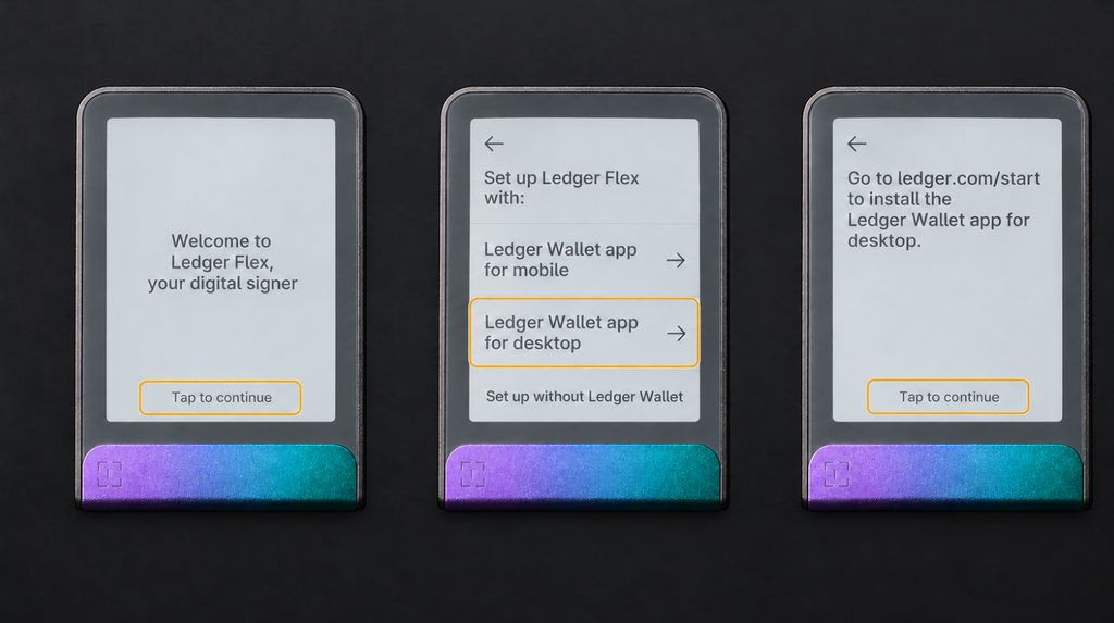 Ledger Flex welcome screen, desktop setup option and prompt to visit ledger.com/start