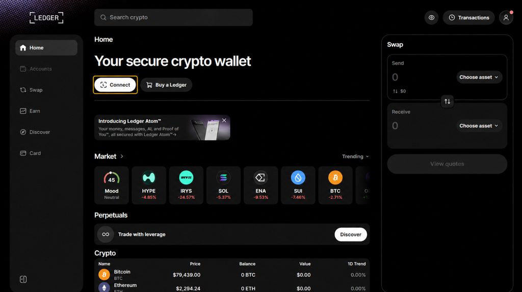 Ledger Wallet desktop home screen with the Connect button highlighted