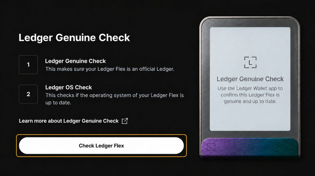 Ledger Genuine Check screens in the app and on Flex before the authenticity check