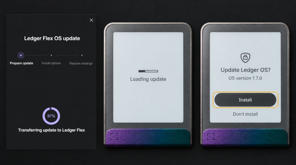 Ledger OS update transfer, loading screen on Flex and Install confirmation