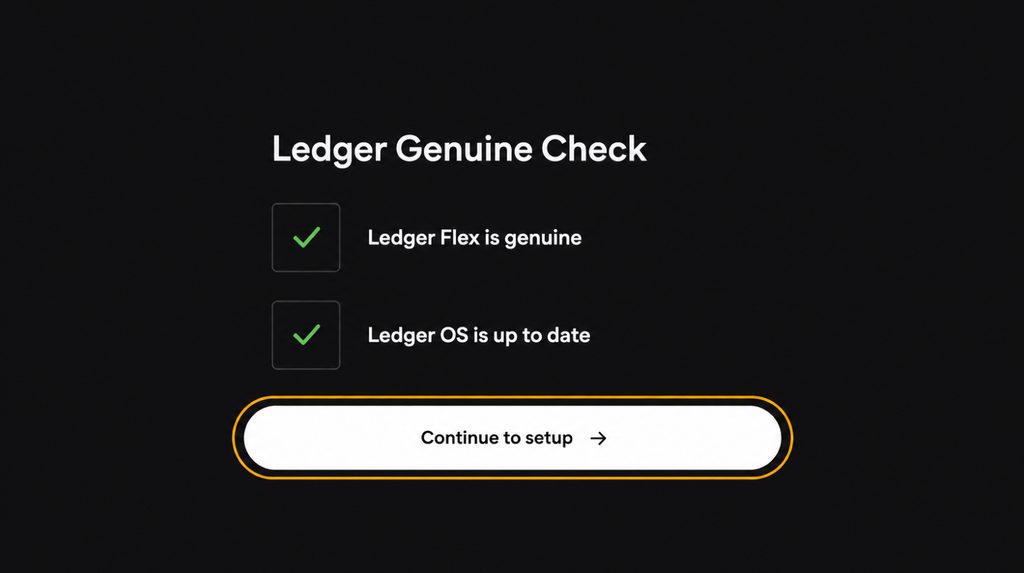 Successful authenticity and Ledger OS checks with the Continue to setup button