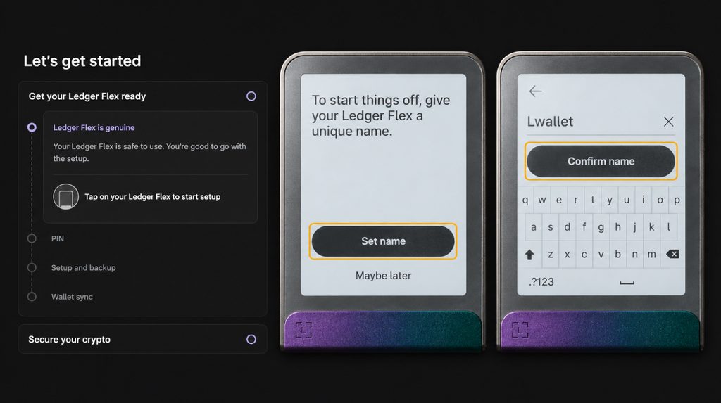 Naming Ledger Flex with Set name, the name Lwallet and Confirm name